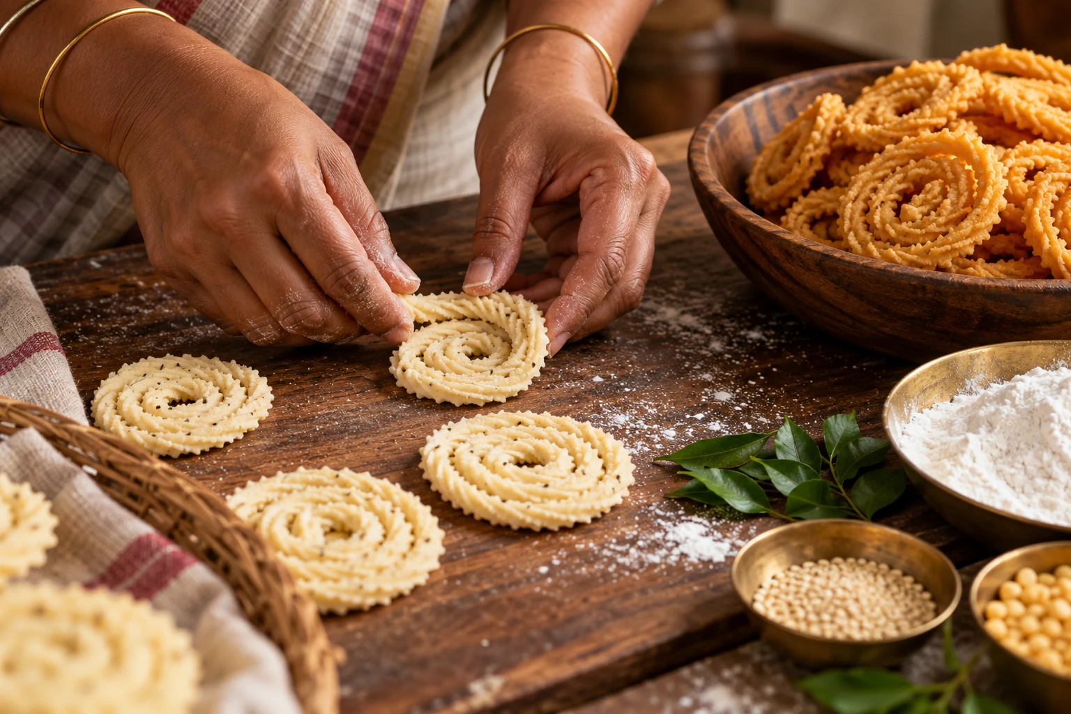 Murukku served on a brass plate with marigolds and a lamp